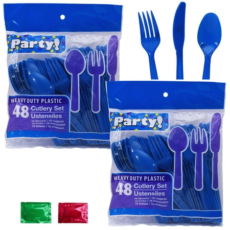 Heavy-Duty Blue Plastic Party Cutlery Set (2 Packs, 96 Pcs Total) Disposable Plastic Fork Knife Spoon Utensils for Parties Gatherings Birthday Wedding Events with 2 Snoep in Beperkte Oplage