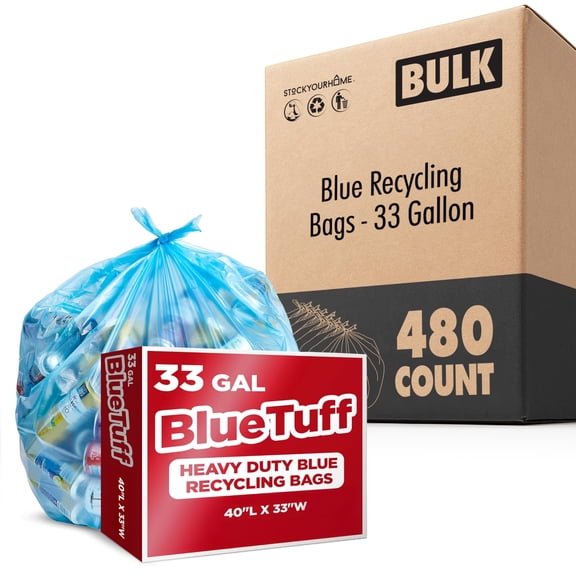 Heavy-Duty Blue Recycling Bags, 480-Pack Blue Garbage Bags For Recycling | 33-Gallon Capacity| Commercial, Industrial or Home Use