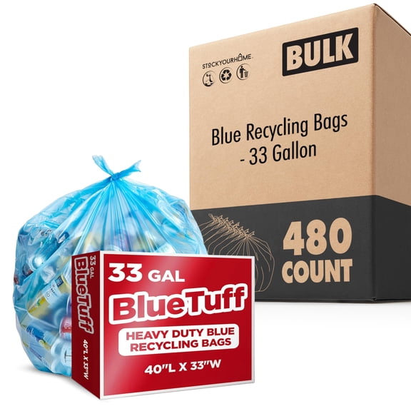 Heavy-Duty Blue Recycling Bags, 480-Pack Blue Garbage Bags For Recycling | 33-Gallon Capacity| Commercial, Industrial or Home Use