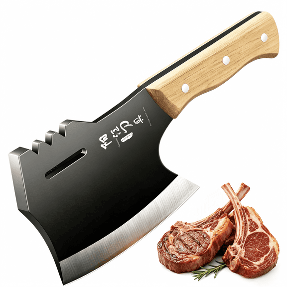 Heavy Duty Bone Chopper Cleaver Knife High Carbon Steel Butcher Knife for Cutting Meat, Chopping Bones, and Breaking Poultry Ergonomic Solid Wood Handle with Riveted Full Tang Construction