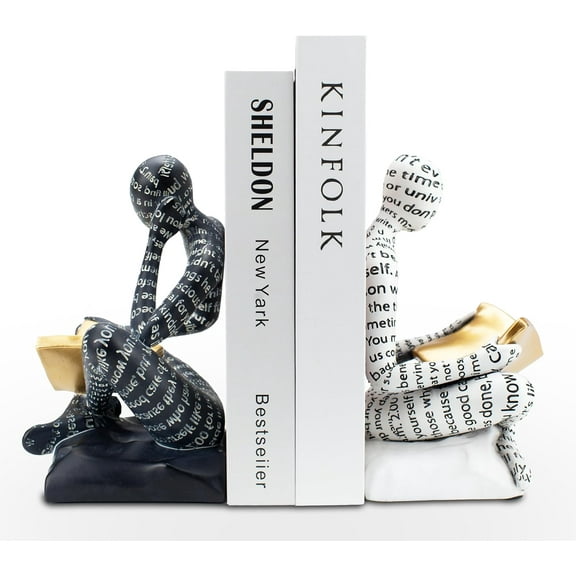 Heavy Duty Book Ends for Shelves, Thinker Decorative Bookends for Heavy Books, Unique Book Stoppers to Hold Book, Bookshelf Accessories, Modern Home Office Decor Aesthetic Black & White