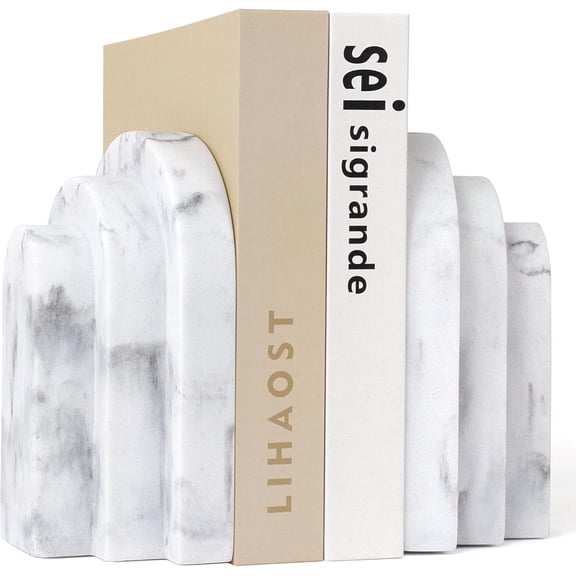 Heavy Duty Bookends for Shelves, 6.6 LBS Heavy Book Ends for Heavy Books, Decorative Modern Bookends with Faux Marble Look, Layered Arch Book Stopper for Bookshelf Holder Set of 2, Marble White