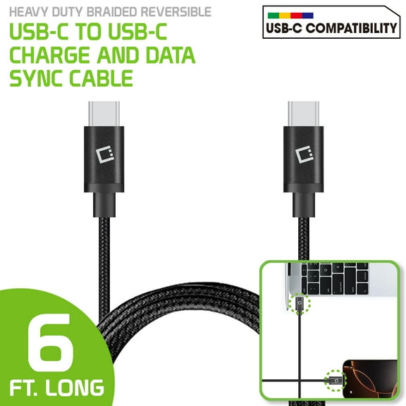 Heavy Duty Braided Reversible USB C to Type C Charge and Data Sync Cable (6ft.) for Samsung Galaxy S9/S9 Plus, S8/S8 Plus, Galaxy Note 8, Google Pixel XL, LG V30S and More by Cellet