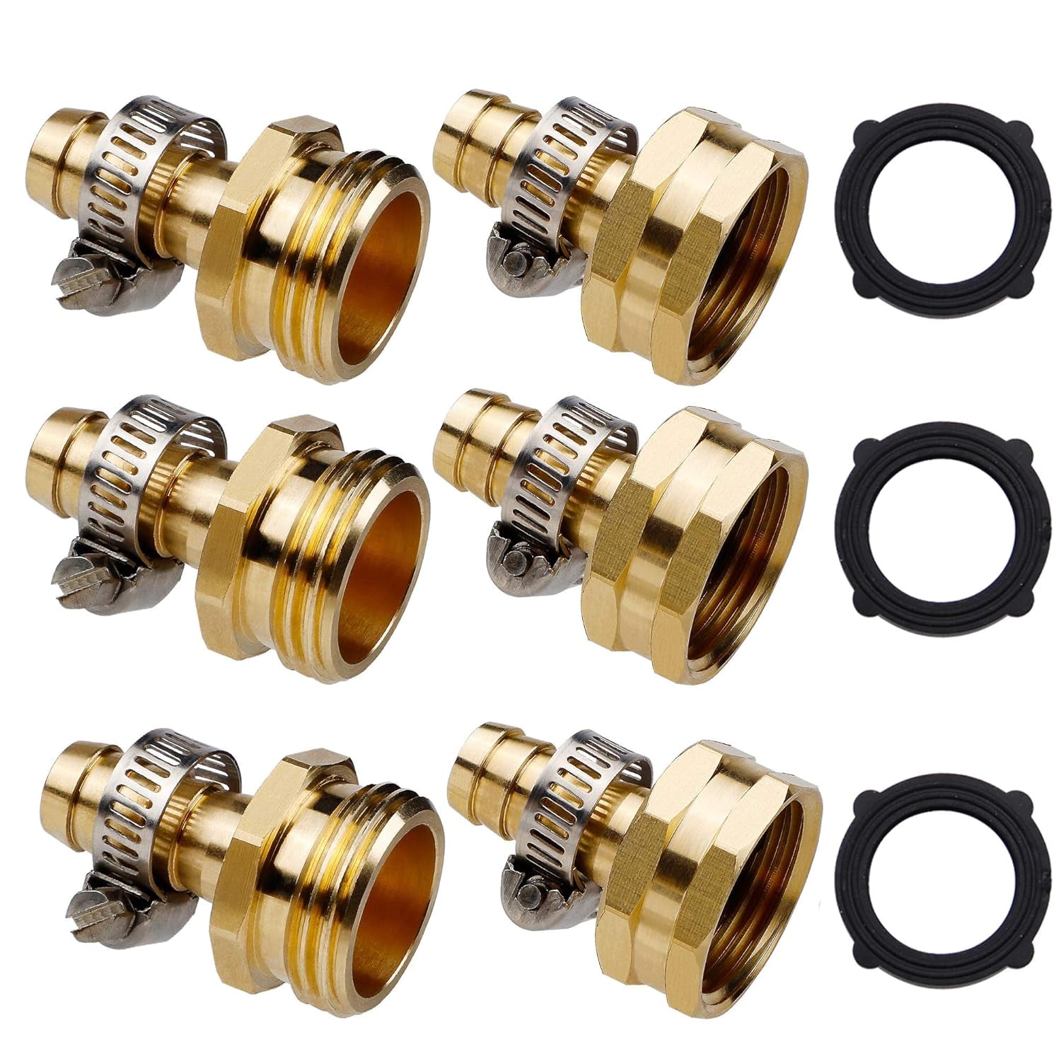 Heavy Duty Brass 1/2" Garden Hose Mender End Repair Connector with Stainless Clamps, Male and Female Garden Hose Fittings, 3 Sets