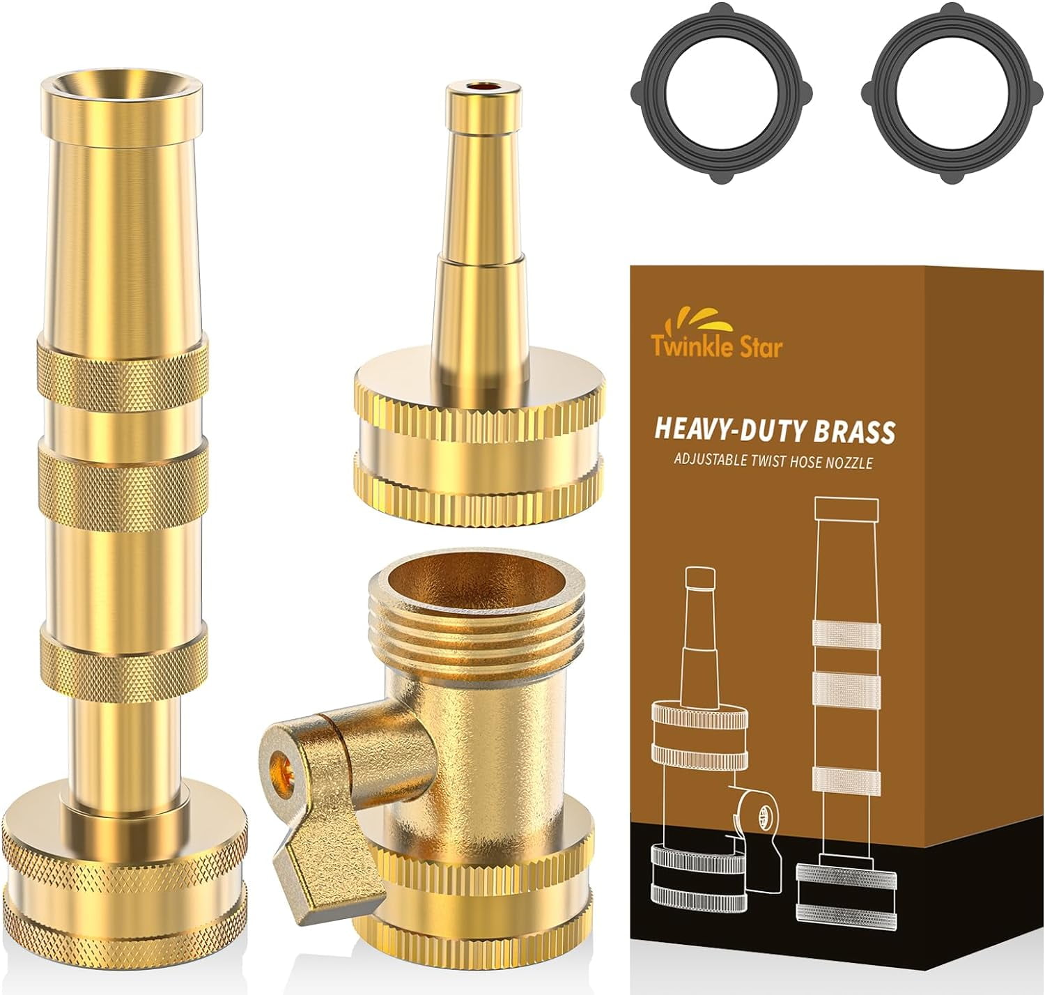 Heavy-Duty Brass Adjustable Twist Hose Nozzle, High Pressure Hose Nozzle with On-Off Valve, Leakproof Operation 3/4" GHT Connector 3 Pack