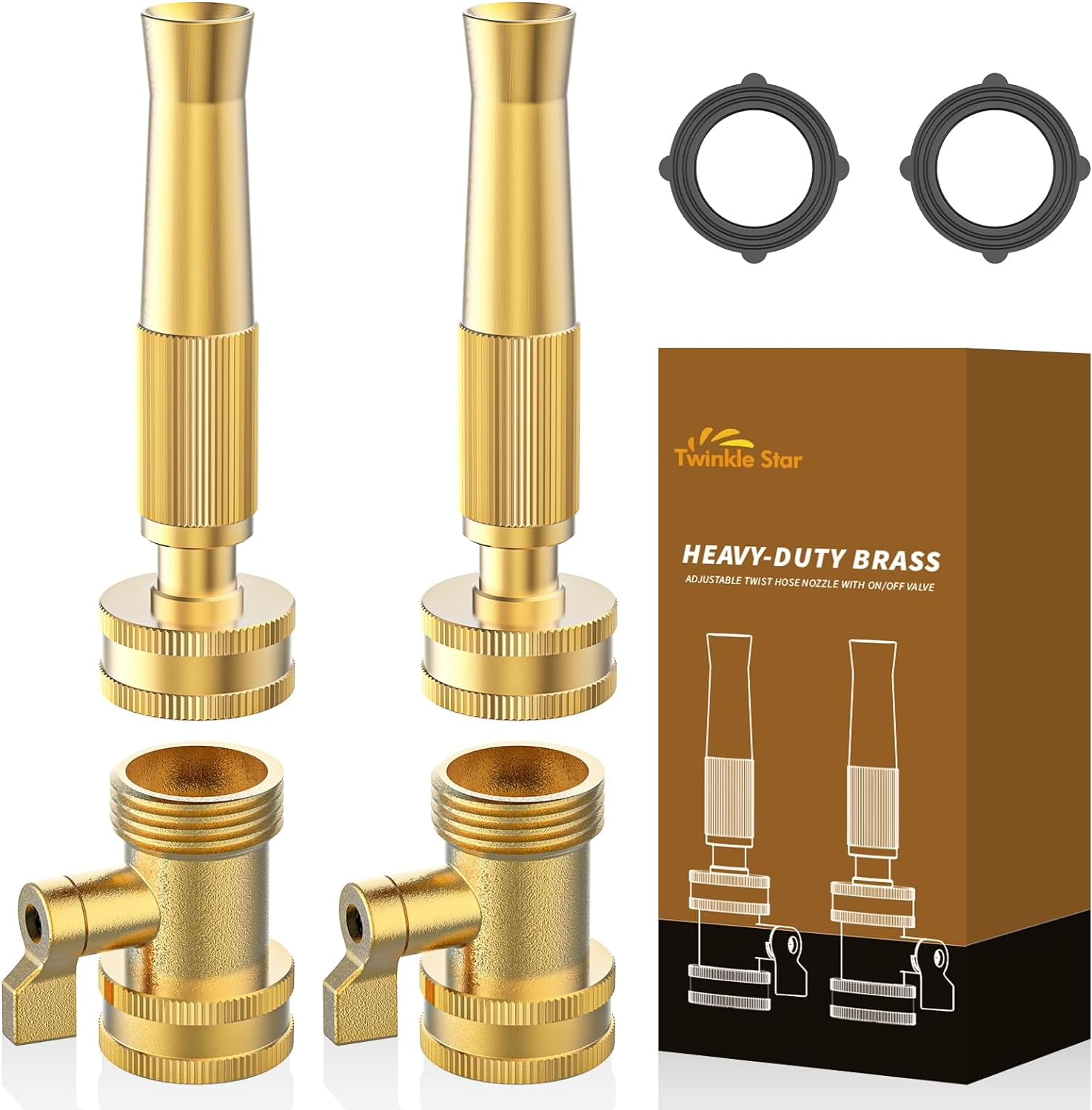 Heavy-Duty Brass Adjustable Twist Hose Nozzle, High Pressure Hose Nozzle with On-Off Valve, Leakproof Operation 3/4" GHT Connector 4 Pack