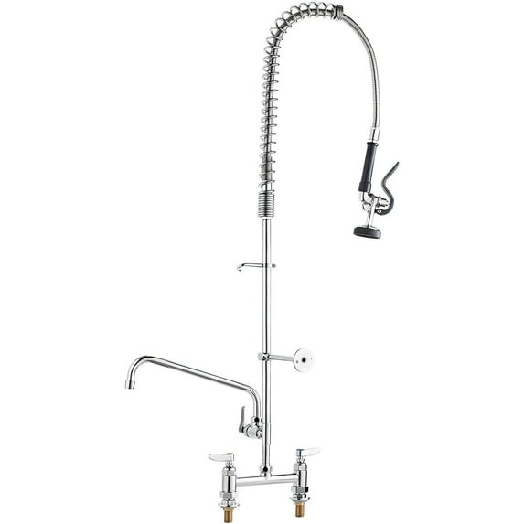 Heavy-Duty Brass Commercial Pre-Rinse Faucet, 44" Height, 8" Centerset, Pull-Down Sprayer and Swing Spout for Multi-Compartment Sinks