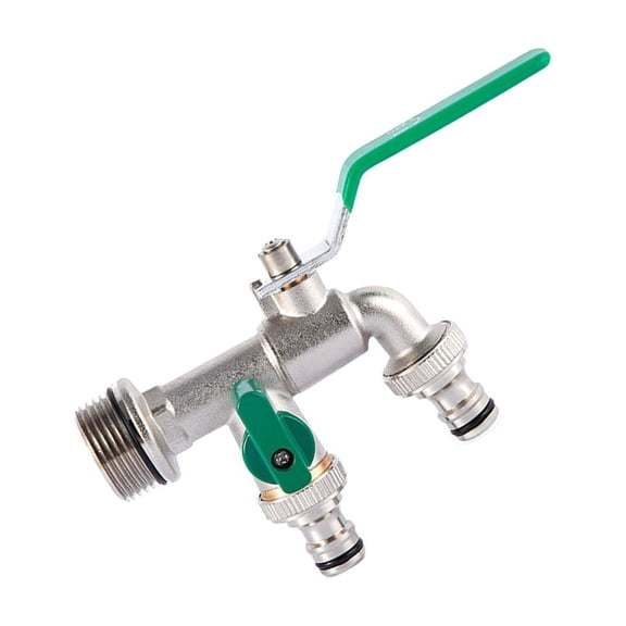 Heavy Duty Brass Double Garden Tap, 3/4 Inch Dual Outlet Faucet with Green Lever Handles - Detachable Anti-Leak Design for Watering and Irrigation