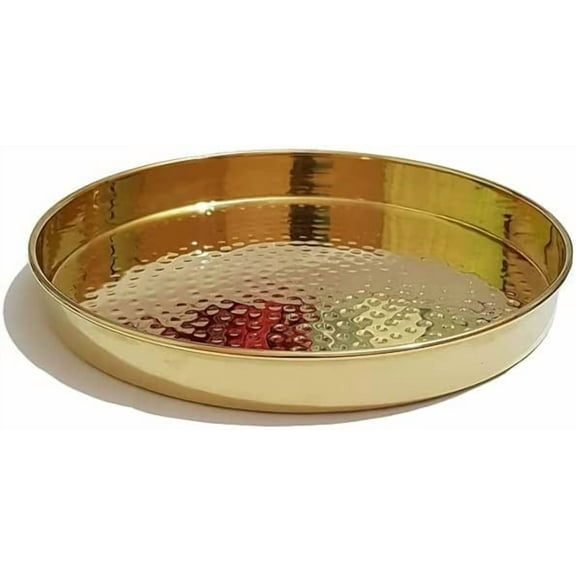 Heavy Duty Brass Hammered Design Platter/Prayer Plate/Thali/Thal (Approx. 11 inches), Serveware/Kitchenware/Tableware (Pack of 1)