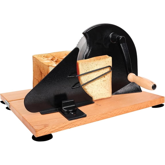 Heavy-Duty Bread Slicer Hand Crank with Foldable 14.6" Beech Base Industrial 45# Steel & 601 Blade Cuts Tall Sourdough & Long Baguette Metal Guide & Adjustable Thickness Scale Line and Suction Cup