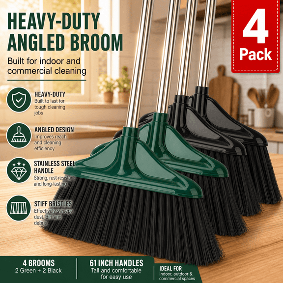 Heavy Duty Broom, Green, Indoor Outdoor Commercial Floor Cleaning