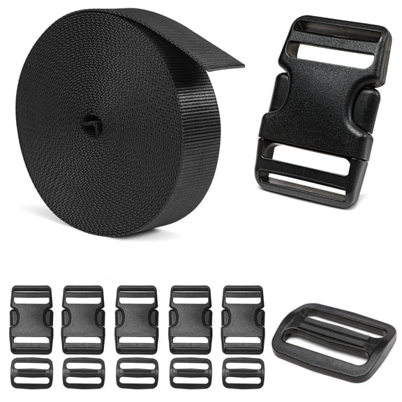 Heavy-Duty Buckles and Strap Set 1": 4.5 Yards of Thick Nylon Webbing, 5-Pack Adjustable Quick Side Release Plastic Buckles, 5 Tri-Glide Slide Clips, Black