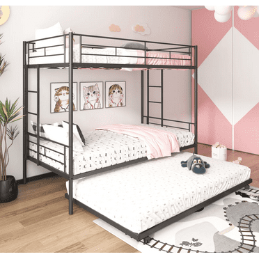 SYNGAR Twin over Twin Bunk Bed,  Metal Bunk Bed with Flat Ladder & Safety Guardrail, Convertible Trundle Bunk Bed Frame, for Dorm, Bedroom, Guest Room, No Box Spring Needed, Black