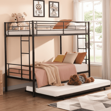 SYNGAR Twin over Twin Bunk Bed, Metal Bunk Bed with Flat Ladder & Safety Guardrail, Convertible Trundle Bunk Bed Frame, for Dorm, Bedroom, Guest Room, No Box Spring Needed, Black
