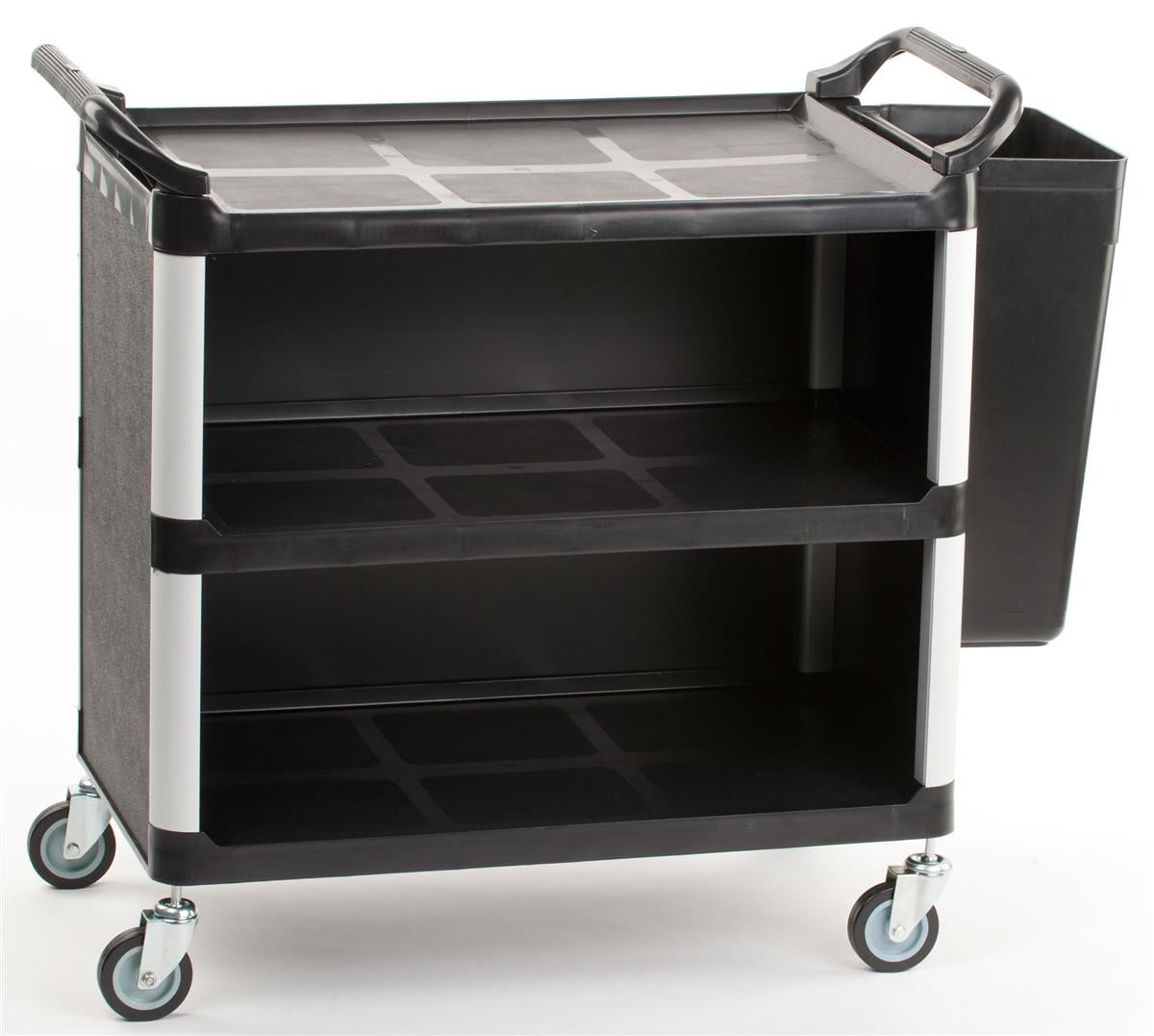 Displays2go Heavy Duty Bus Cart, 3 Shelves, Enclosed Storage, Rubbish ...