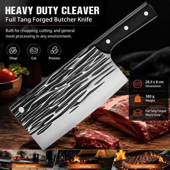 Heavy Duty Butcher Knife, Full Tang Forged Kitchen Cleaver for Meat Processing, Home Kitchen Prep, Camping Cooking, BBQ and Outdoor Food Cutting
