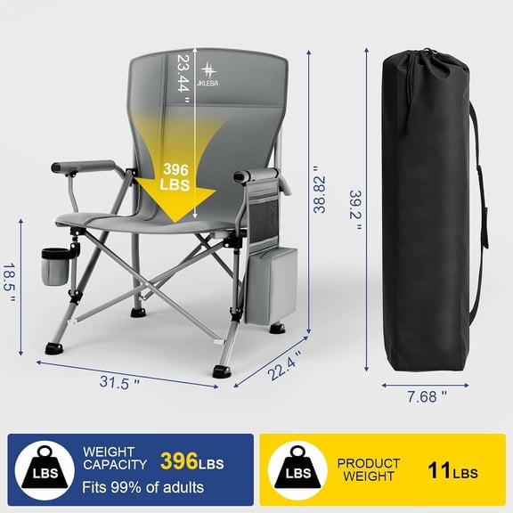 Heavy Duty Camping Chair 396lb Capacity (525lb ) - Waterproof 1680D  - Oversized 2" Thick Padded Seat with Cup Holder & Cooler - Portable for Camping, Beach, Tailgating Solid Slate