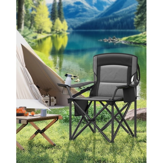 Heavy Duty Camping Chair with Cup Holder, High Backrest, Foam Padding, Foldable Design, 450 lb Weight Capacity for Outdoor, Ink Black