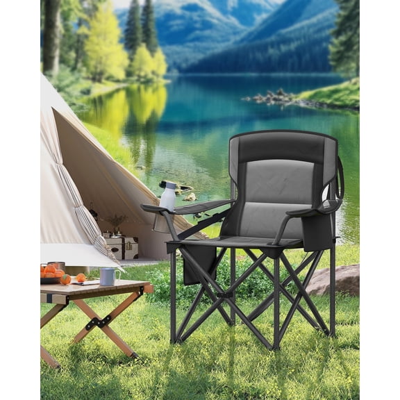 Heavy Duty Camping Chair with Cup Holder, High Backrest, Foam Padding, Foldable Design, 450 lb Weight Capacity for Outdoor, Ink Black
