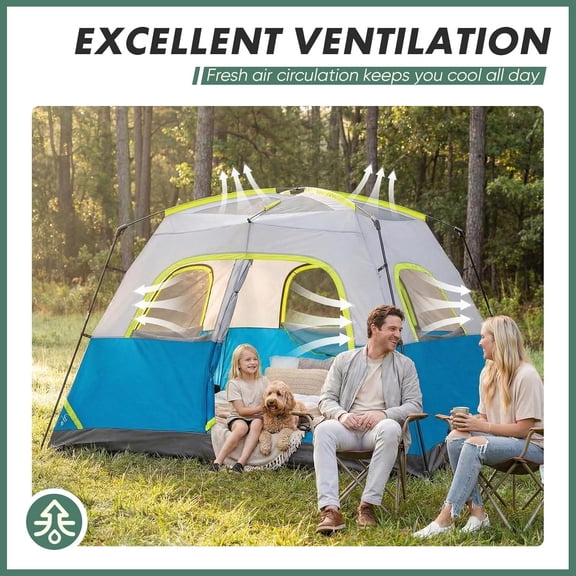 Heavy Duty Camping Tent 6 Person, All-Weather Waterproof Cabin Tent with Reinforced Steel Poles, Quick Assembly Instant Family Tent, High-Ventilation Mesh Windows for Hiking, Fishing, Outdoor, Blue