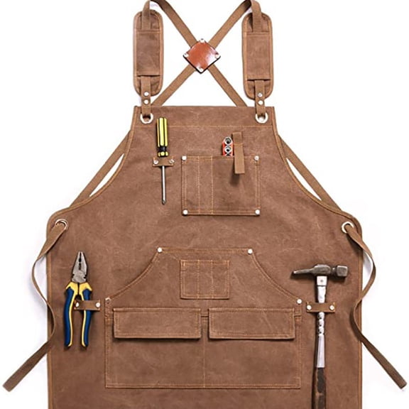 Heavy Duty Canvas Gardening Apron with Tool Pockets, Water Resistant Cross Back Work Apron for Woodworking Electrician Shop, Adjustable for Men & Women