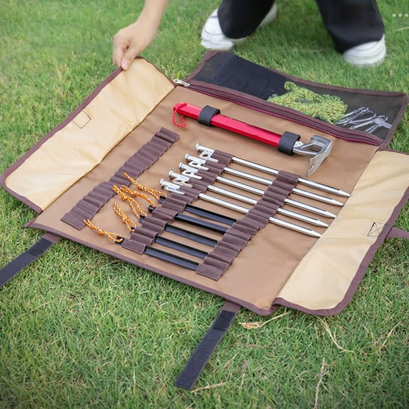 Heavy Duty Canvas Tent Stake Storage Bag - 20 Slot Camping Peg Organizer with Handle, 17.3x6.3 inch Coffee Brown Tool Carrier for Ground , Ropes & Camping Accessories