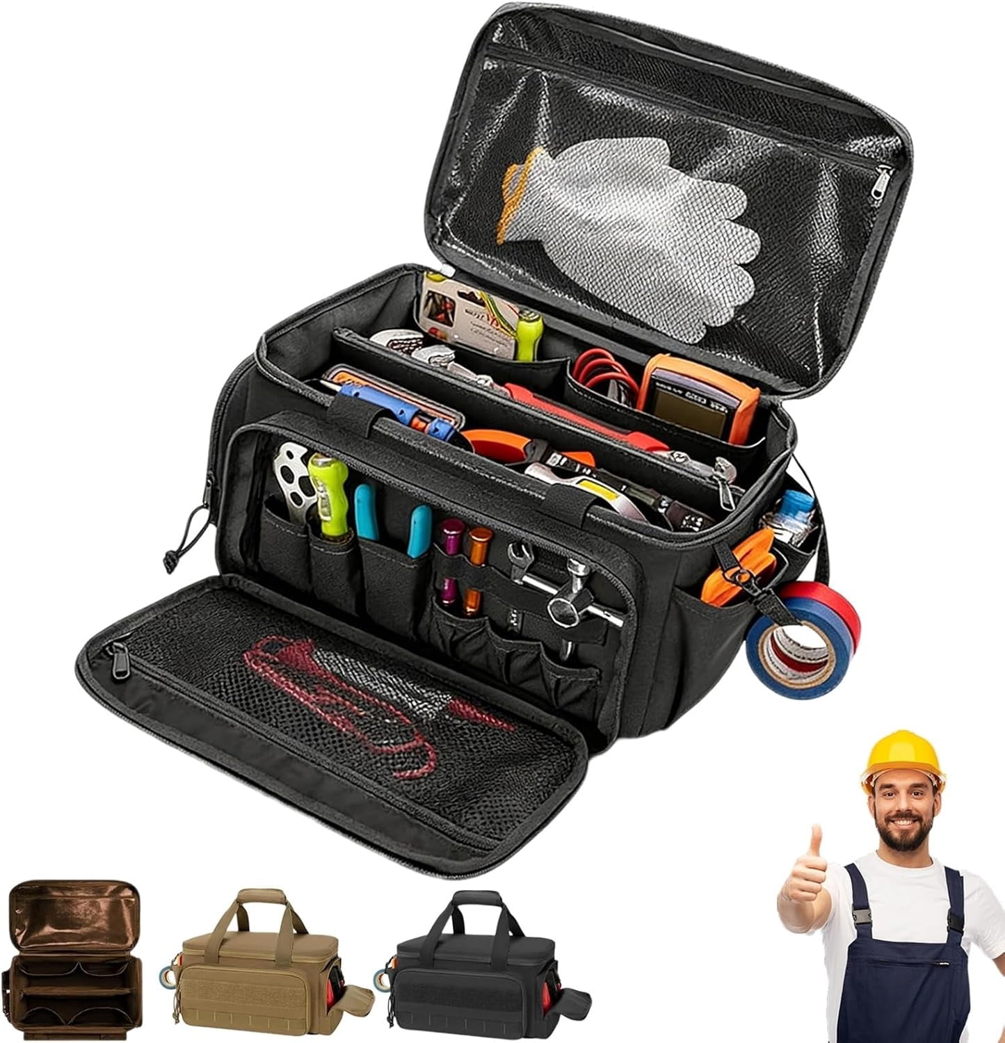Heavy-Duty Canvas Tool Bag, Tool Pouches With Compartments, Heavy Duty Large Utility Bag With Anti-Friction Bottom for Electrician Repairman Carpenter Handyman(Black)
