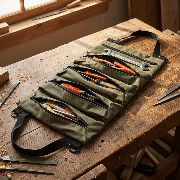 Heavy Duty Canvas Tool Roll Bag | Multi-Purpose Roll Up Tool Organizer for Wrenches & Ratchets | Tool Storage with Roll Up Pouch for Mechanic Garage & Car Camping Gear – Green