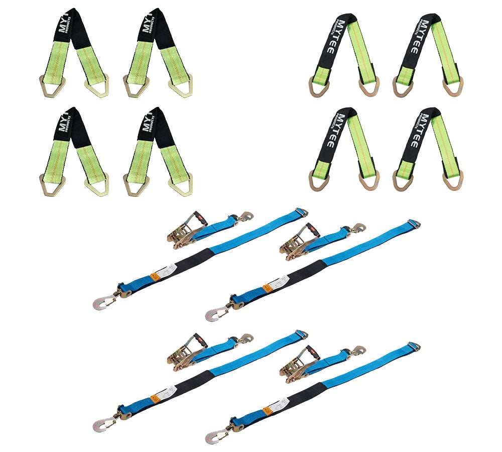 Heavy Duty Car Tie Down Straps Kit for Trailer with Snap Hooks - 8 Pack 2" x 24" and 2" x 36" Axle Straps with D Rings 10,000 lbs BS, and 4 Pack 2" x 8' Car Hauler Tire Straps