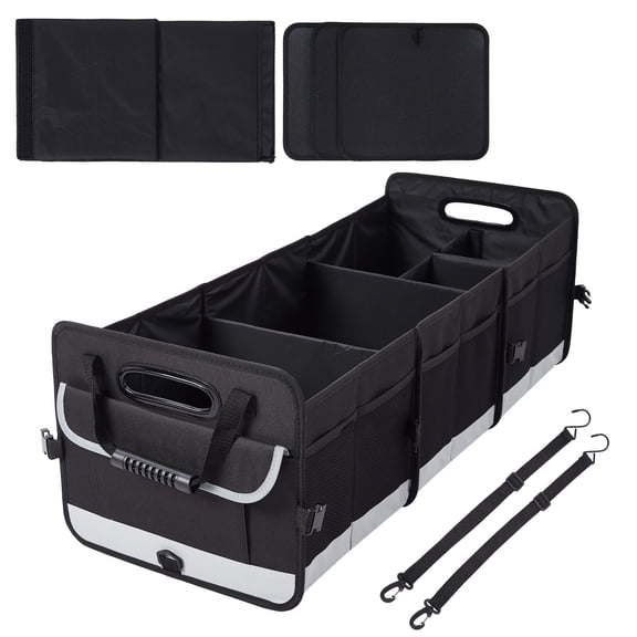 Heavy-Duty Car Trunk Organizer with Lid & Handles, Large Collapsible Cargo Storage Bin - 3 Compartments, Non-Slip Base - for SUV, Car & Pickup Truck Bed - Black/Gray - Size: 90 x 35 x 30 cm