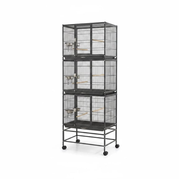 Heavy Duty Carbon Steel Bird Cage - Large 74 Inch Aviary with 3 Dividable Compartments - Removable Trays, Stackable Breeder Design for Parakeets, Cockatiels, Conures, Finches - Silver Black