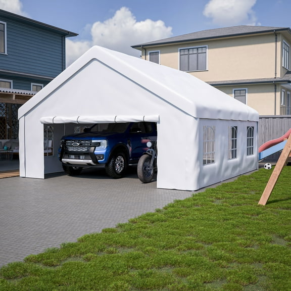 Heavy Duty Carport Canopy with 2 Roll-Up Doors + 1 Side Door, Removable End Walls & Windows, All-Weather Portable Garage Shelter for Car, Truck, Boat, Vehicle