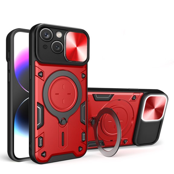 Heavy Duty Case For iPhone 15 Plus 6.7 inch, Camera Lens Sliding Cover With Hidden Bracket Magnetic Car Mount Holder, Rugged PC+TPU Hybrid Military Grade Shockproof Lens Protection Case,Red
