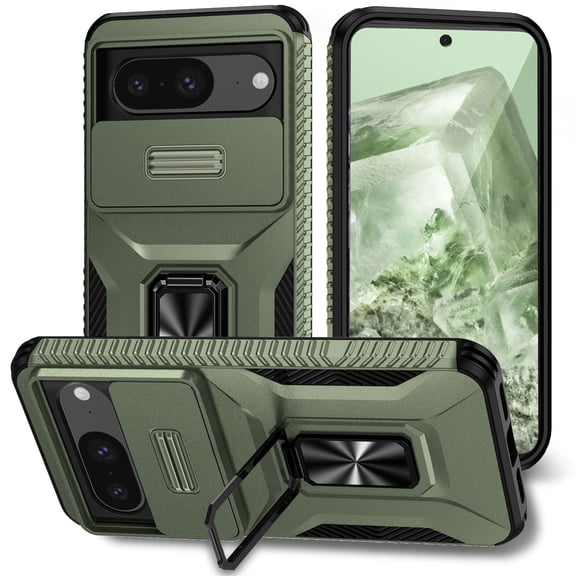 Heavy Duty Case for Google Pixel 8, Military Grade Dual Layer Hybrid Rubber Bumper with Sliding Camera Cover, Built-in 360 Degree Swivel Stand Car Magnetic for Google Pixel 8 - Darkgreen