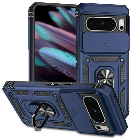 Heavy Duty Case for Google Pixel 8 Pro, Rugged PC Soft TPU Military Grade Shockproof Metal Magnetic Car Mount Cover with Camera Lens Sliding Ring Holder Bracket Case,Blue