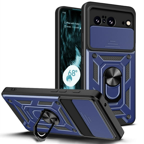 Heavy Duty Case for  Google Pixel 8A with Camera Lens Sliding Cover & Ring Holder Kickstand, Shockproof Rugged PC + Soft TPU Hybrid Magnetic Car Mount Case for  Google Pixel 8A, Blue