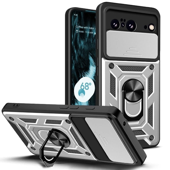 Heavy Duty Case for  Google Pixel 8A with Camera Lens Sliding Cover & Ring Holder Kickstand, Shockproof Rugged PC + Soft TPU Hybrid Magnetic Car Mount Case for  Google Pixel 8A, Silver