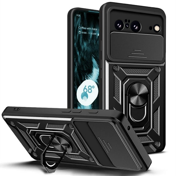 Heavy Duty Case for  Google Pixel 8A with Camera Lens Sliding Cover & Ring Holder Kickstand, Shockproof Rugged PC + Soft TPU Hybrid Magnetic Car Mount Case for  Google Pixel 8A, Black