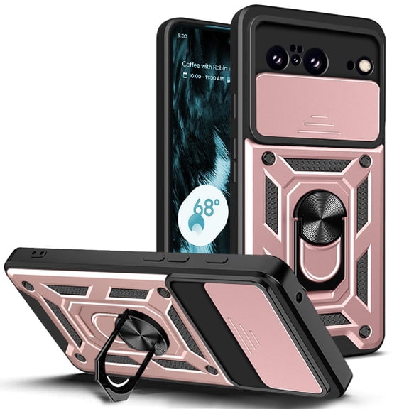 Heavy Duty Case for  Google Pixel 8A with Camera Lens Sliding Cover & Ring Holder Kickstand, Shockproof Rugged PC + Soft TPU Hybrid Magnetic Car Mount Case for  Google Pixel 8A, Rosegold
