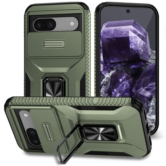 Heavy Duty Case for Google Pixel 8a, Military Grade Dual Layer Hybrid Rubber Bumper with Sliding Camera Cover, Built-in 360 Degree Swivel Stand Car Magnetic for Google Pixel 8a - Darkgreen
