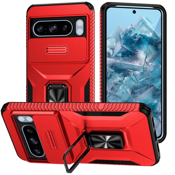 Heavy Duty Case for Google Pixel 9 Pro XL, Military Grade Dual Layer Hybrid Rubber Bumper with Sliding Camera Cover, Built-in 360 Degree Swivel Stand Car Magnetic for Google Pixel 9 Pro XL - Red