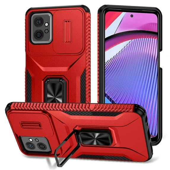 Heavy Duty Case for Motorola Moto G Play 4G 2024, Military Grade Dual Layer Hybrid Rubber Bumper with Sliding Camera Cover,Built-in 360 Degree Swivel Stand Car Magnetic - Red