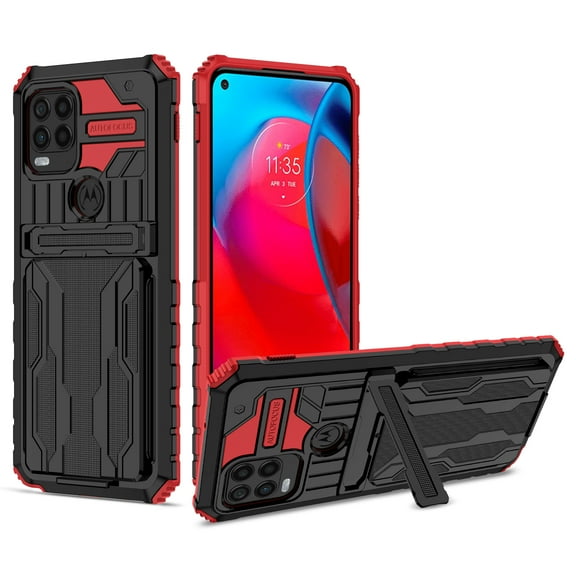 Heavy Duty Case for Motorola Moto G Stylus 5G 2021 Rugged PC Armor Credit Card Slot Holder Kickstand Bracket Cover, Military Grade Dual-Layers Shockproof Anti-Scratches Lens Protection Case,Red