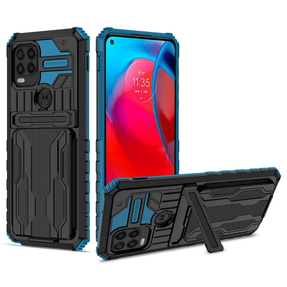 Heavy Duty Case for Motorola Moto G Stylus 5G 2021 Rugged PC Armor Credit Card Slot Holder Kickstand Bracket Cover, Military Grade Dual-Layers Shockproof Anti-Scratches Lens Protection Case,Blue