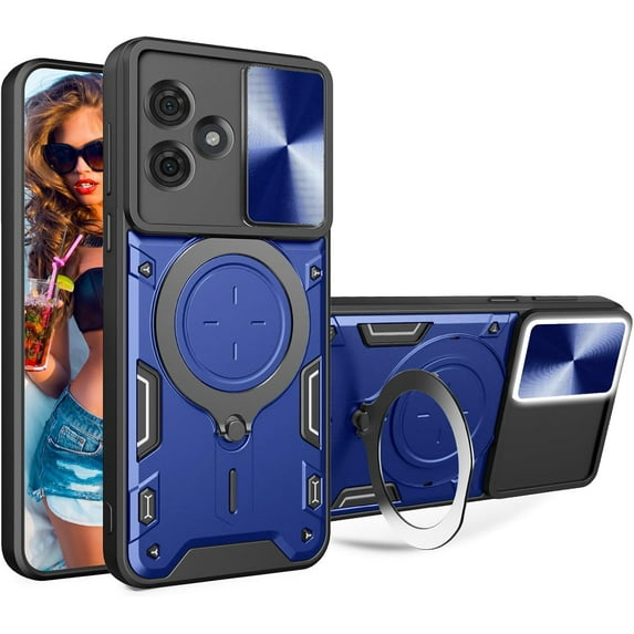 Heavy Duty Case for Motorola Moto G54 5G with Camera Cover, Built-in Rotated Ring Kickstand with Slide Camera Lens Protection Cover Case for Moto G54 5G JS-Blue