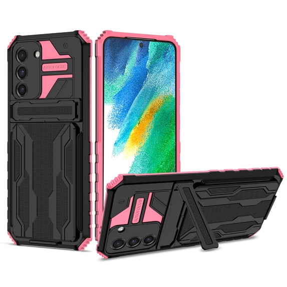 Heavy Duty Case for Samsung Galaxy A14 5G Rugged PC Armor Credit Card Slot Holder Kickstand Bracket Cover, Military Grade Dual-Layers Shockproof Anti-Scratches Lens Protection Case,Pink