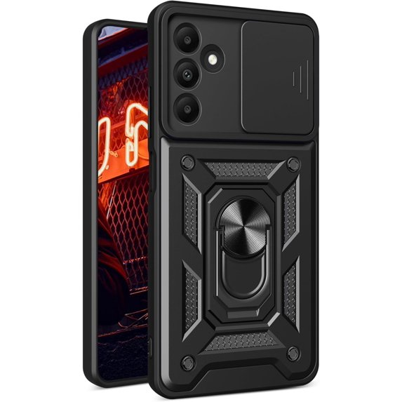 Heavy Duty Case for Samsung Galaxy A15 5G with Slide Camera Cover & Magnetic Rotatable Ring Kickstand, Military Grade Shockproof Protection Phone Case for Samsung Galaxy A15 5G SJ-Black