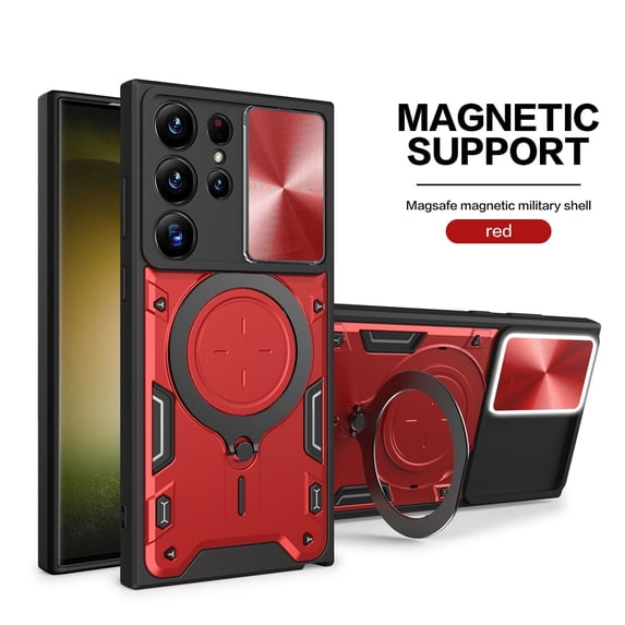 Heavy Duty Case for Samsung Galaxy A15, Camera Lens Sliding Cover with Hidden Bracket Magnetic Car Mount Holder, Rugged Military Grade Shockproof Lens Protection Case, Red