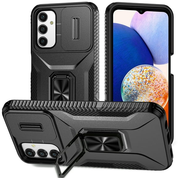 Heavy Duty Case for Samsung Galaxy A15, Military Grade Dual Layer Hybrid Rubber Bumper with Sliding Camera Cover, Built-in 360 Degree Swivel Stand Car Magnetic for Galaxy A15 - Black