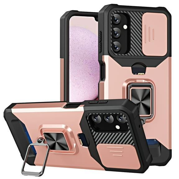 Heavy Duty Case for Samsung Galaxy A16 5G with Camera Lens Sliding Cover Card Holder, Rugged Protection Shockproof Phone Cover with Rotate Ring Holder Stand Magnetic Car Mount, Rosegold